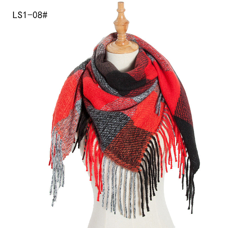 Yarn Stripe Grid Polyester Long Fringed Bristles Square Scarf Women Men's Bib Shawl