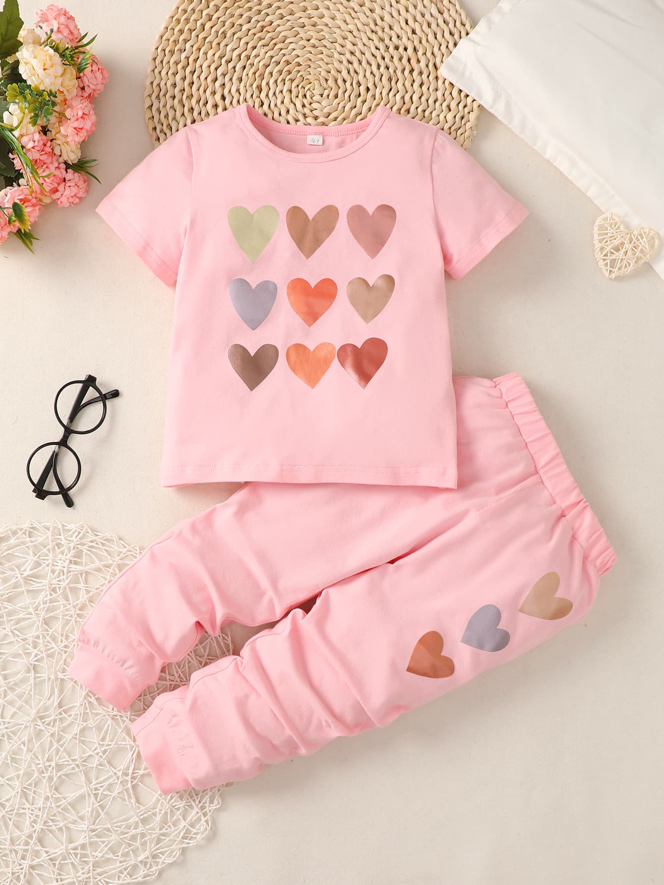 Girls Heart Print T-hemp en Joggers Set