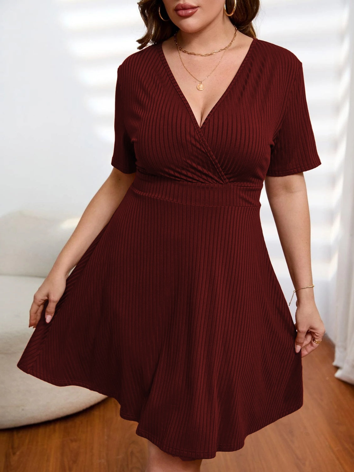 Plus Size Surplice Short Sleeve Mini Dress