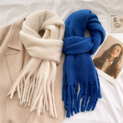 Solid Color Versatile Winter Warm Extended Tassel Scarf