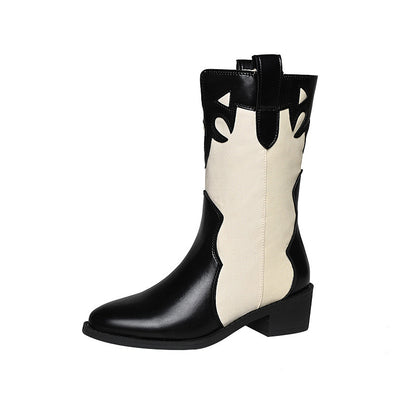 Black White Cowboy Boots Women Low Heel Mid Calf Shoes