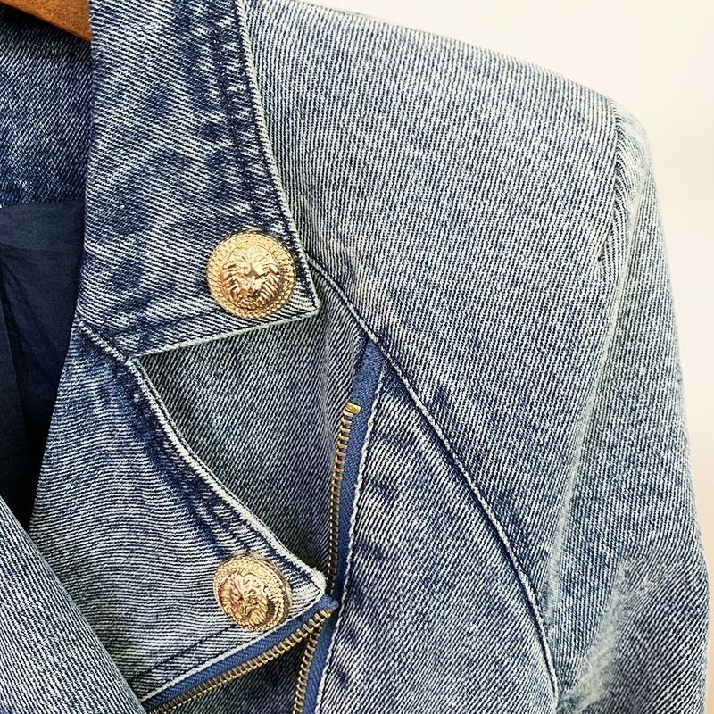 New Locomotive Denim Jacket With Double Row Metal Buckle Washed Denim Jacket