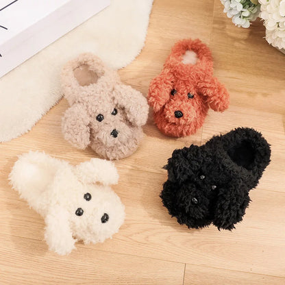 Comwarm Cute Dog Short Plush Slippers For Women Winter Warm Furry Cotton Shoes Couples Home Indoor Bedroom Cozy Slippers