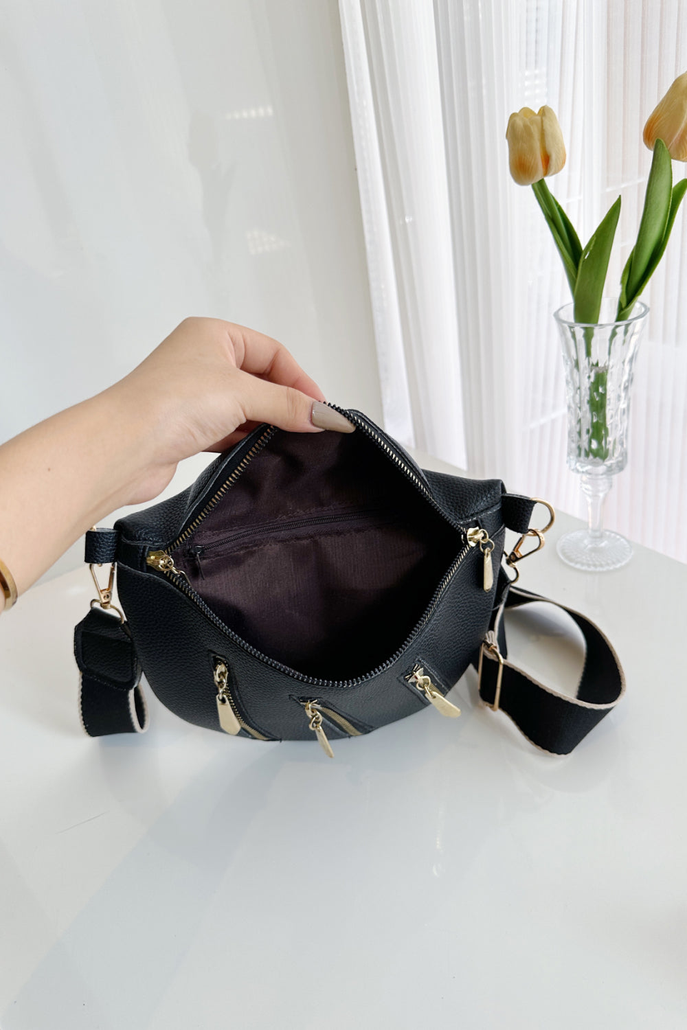 PU Leather Multi Zipper Shoulder Bag