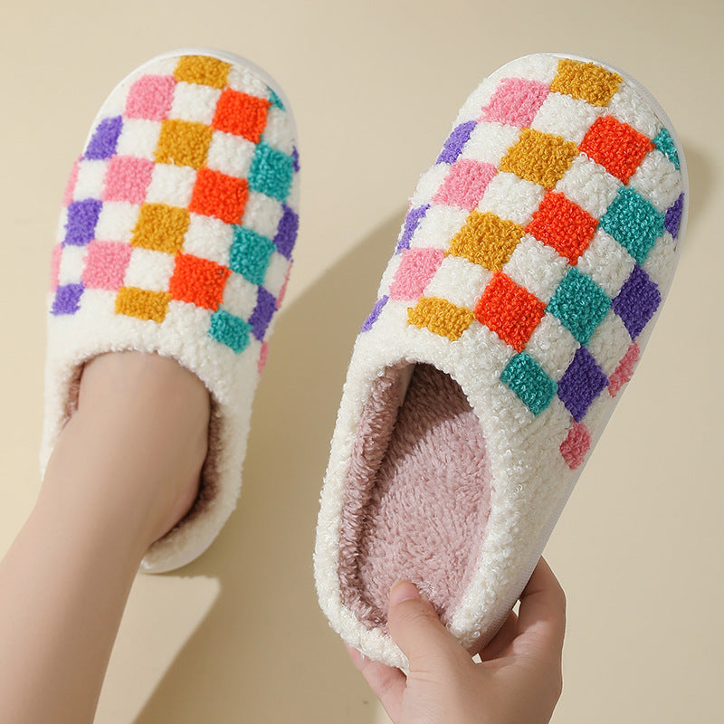 Fashion Colorful Checkerboard Home Slippers Couples Floor Bedroom Slipper Winter Warm Indoor House Shoes For Women And Men