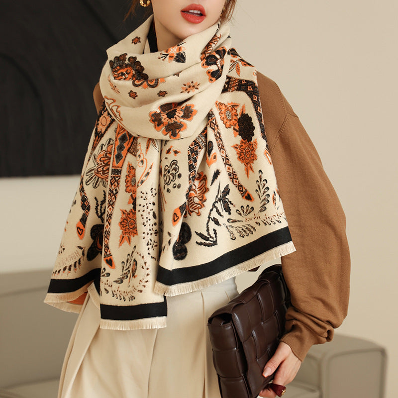 Women Double Sided Retro Carriage Warm Scarf