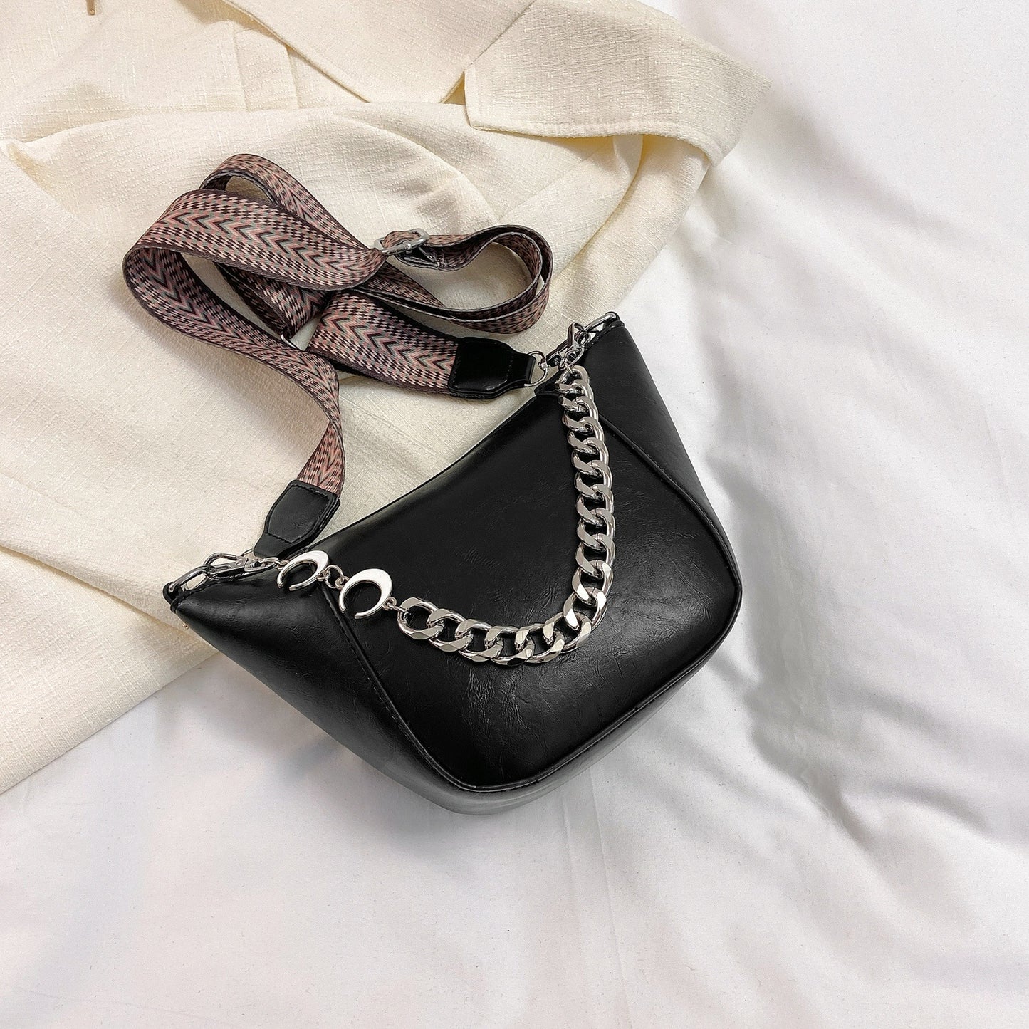 PU Leather Chain Trim Crossbody Bag