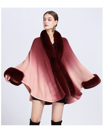 Rabbit Fur Collar Shawl Cape Knitted Cardigan Baggy Coat