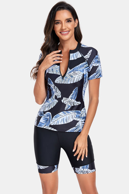 Printed Round Neck Short Sleeve Two-Piece Swim Set