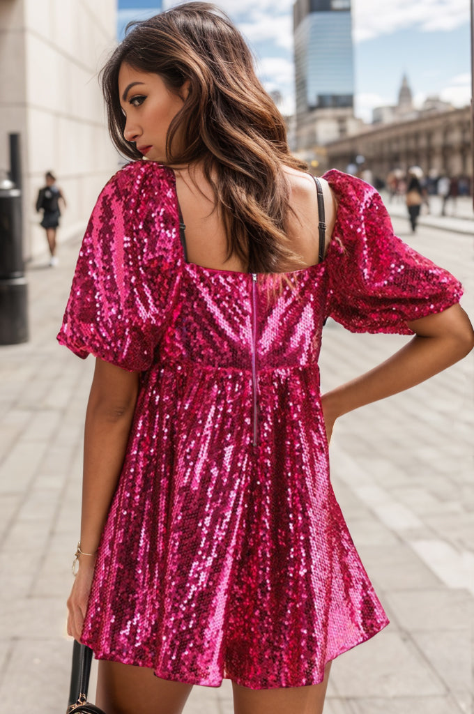 Sequin Square Neck Balloon Sleeve Romper