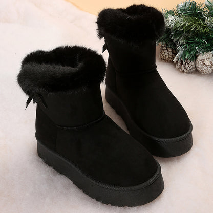 New Bow-knot Snow Boots Winter Plus Velvet Warm Thick-soled Ankle Boots For Women Simple Daily Leisure Cotton Shoes