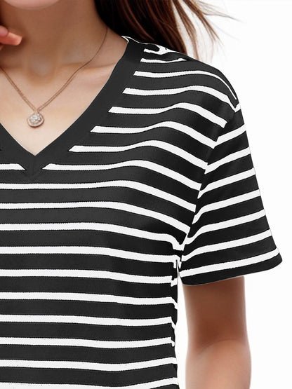 Plus Size Striped V-Neck Short Sleeve T-Shirt