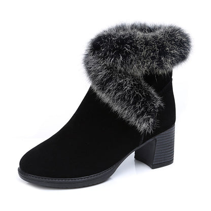 Rabbit Fur Snow Boots Women Cotton Shoes Mid Heel Plus Velvet Thick Warm