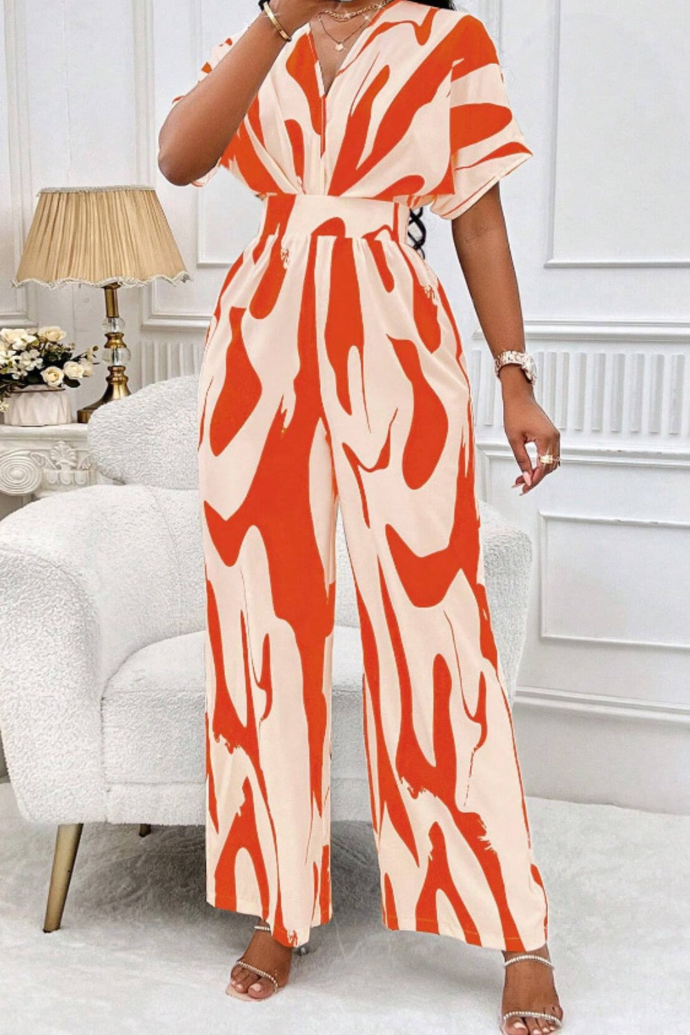 Printed V-Neck Short Sleeve Wide Leg Jumpsuit