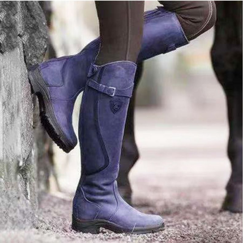 Classic Fashion Riding Western Boots Winter Knee Buckle Boots High Block Heel Round Toe Shoes For Women