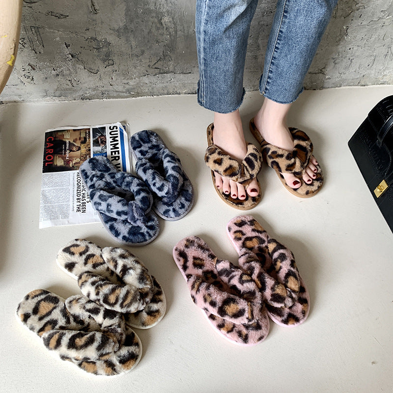 New Leopard Cross Fluffy Slippers Women's Home Indoor Fashion Plush Cotton Slippers Flip-flops Women
