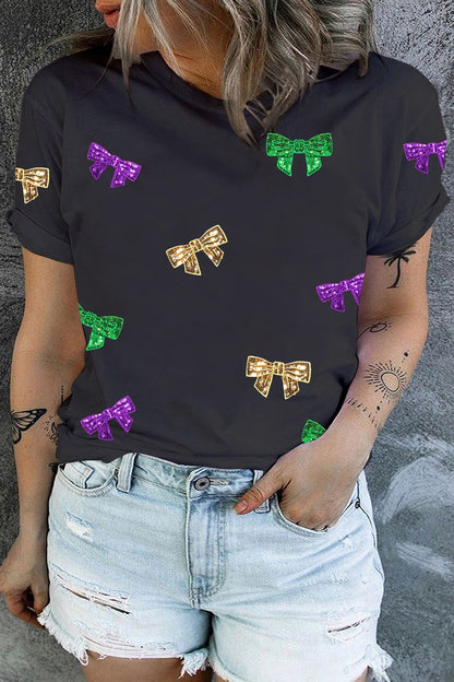 Plus Size Sequin Bow Print Short Sleeve T-Shirt