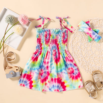 Tie-Dye Smocked Tie-Shoulder Dress