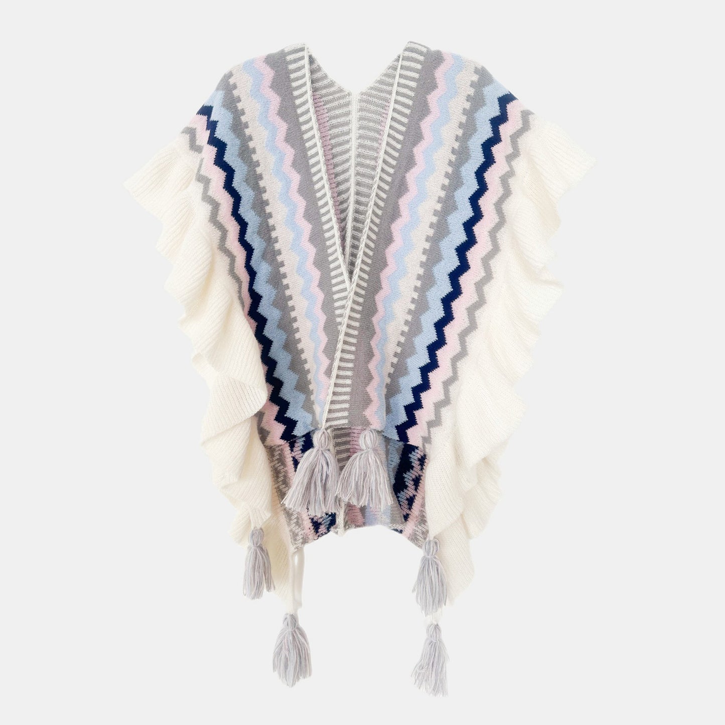 Striped Ruffle Trim Tassel Shawl