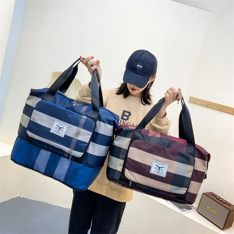 Foldable Plaid Travel Bag Fashion Shoulder Large Capacity Business Trip Short Distance Luggage Bag Gym Bag Portable Storage Bag