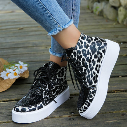 Autumn New High-top Leopard Print Flat-heeled Platform Lace Color Block Casual Women's Shoes