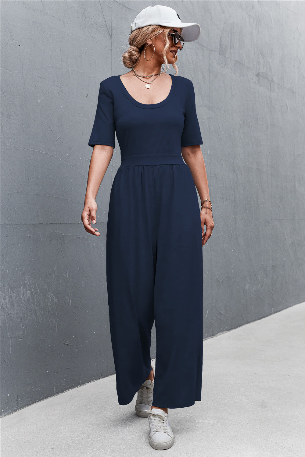 Scoop Neck Half Sleeve Wide Leg Jumpsuit