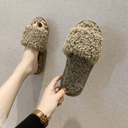 Sheep curl women slippers suitable for non-slip cotton slippers