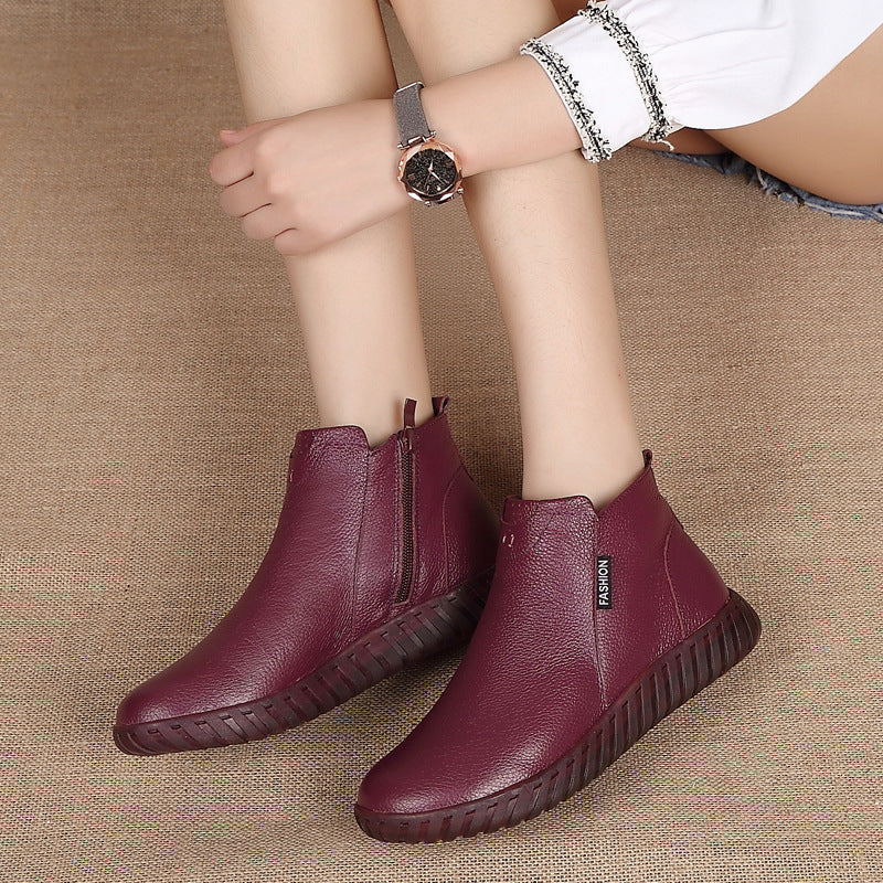 Leather cotton shoes women short boots non-slip