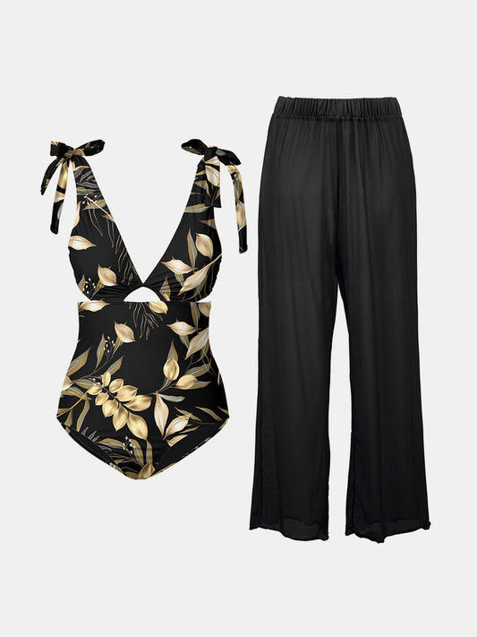 Cutout Tied Bodysuit and Pants Swim Set