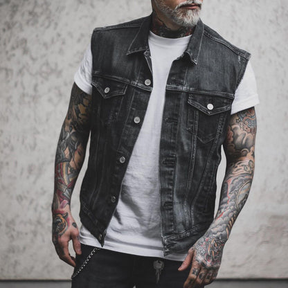 Casual Men's Clothing Denim Jacket Sleeveless Turn-down Collar Coat