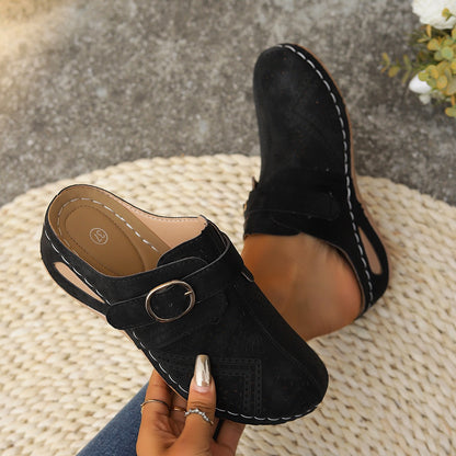 Suede Round Toe Wedge Sandals