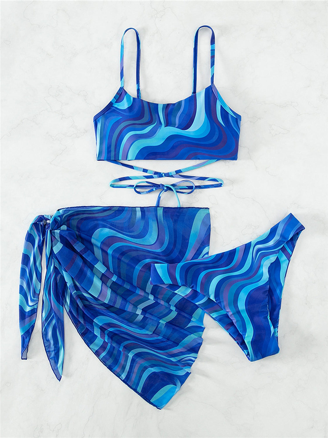 Tied Printed Three-Piece Swim Set