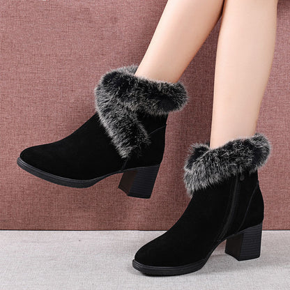 Rabbit Fur Snow Boots Women Cotton Shoes Mid Heel Plus Velvet Thick Warm