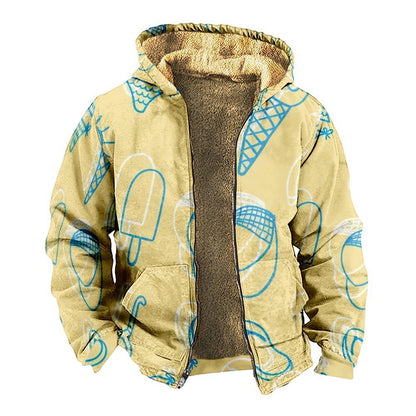 Retro Coconut Tree Element 3D Digital Printing Casual Loose-fitting Hoodie Zipped Cotton-padded Jacket Coat