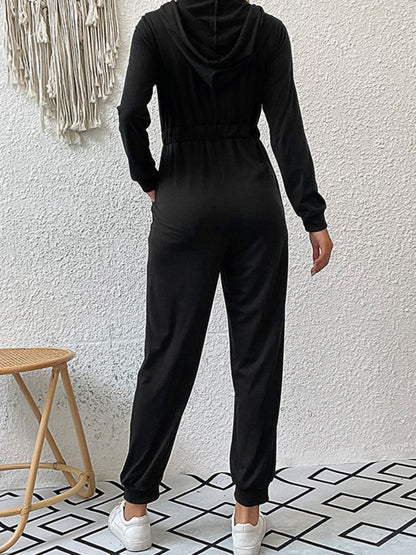 Zip Up Elastic Waist Hooded Jogger Jumpsuit