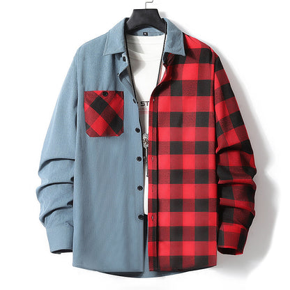 Fashion Casual Color-matching Plaid Shirt Autumn And Winter Corduroy Long-sleeved Lapel Shirt Loose Top Men's Clothing