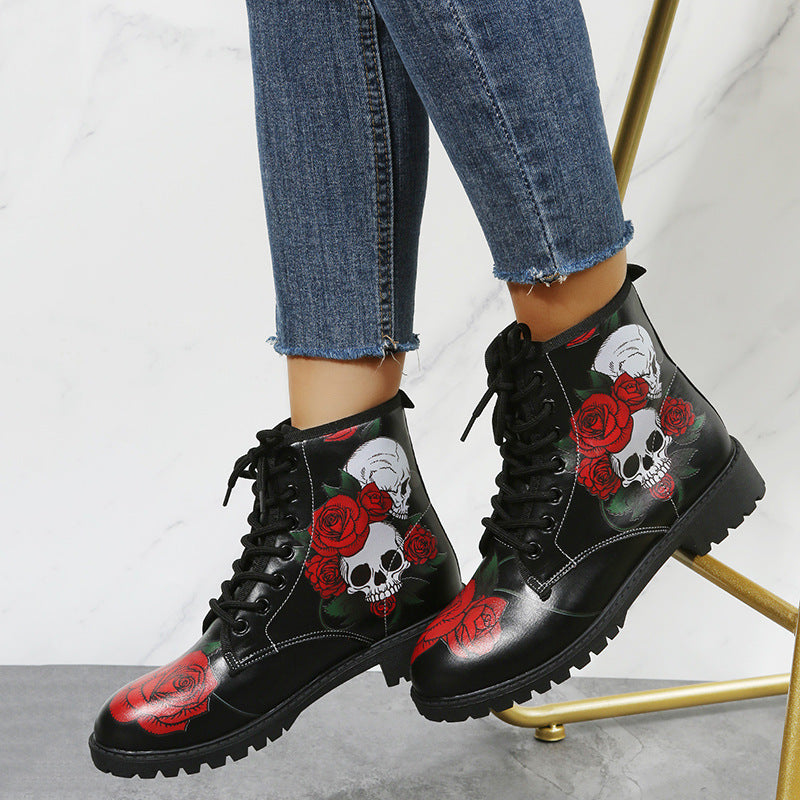 Halloween Shoes Rose Flower Print Lace-up Ankle Boots Women