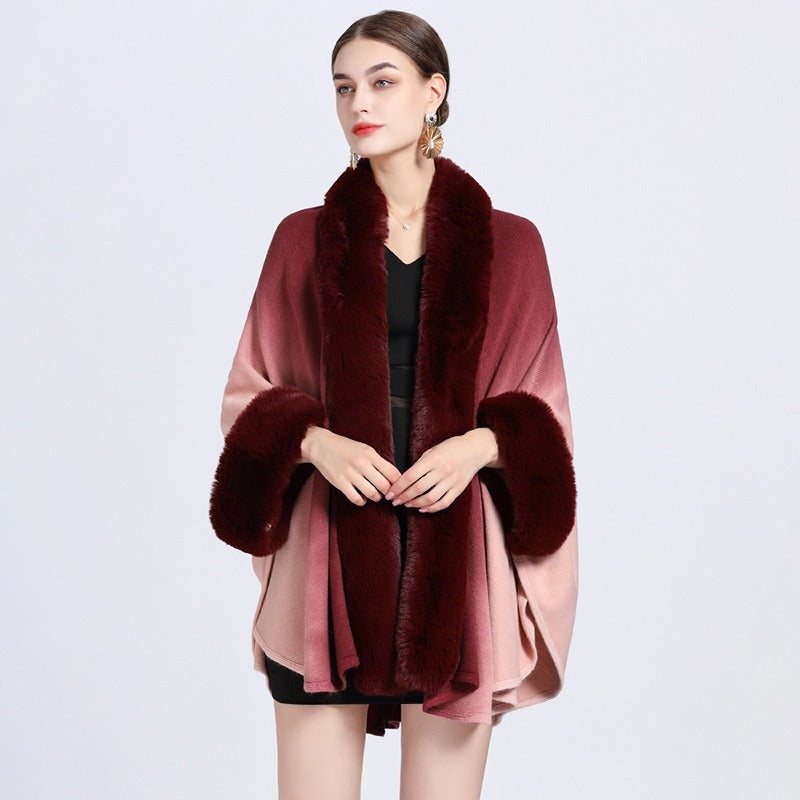 Rabbit Fur Collar Shawl Cape Knitted Cardigan Baggy Coat