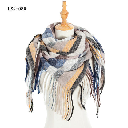 Yarn Stripe Grid Polyester Long Fringed Bristles Square Scarf Women Men's Bib Shawl