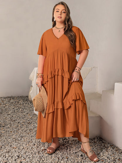 Plus Size V-Neck Flutter Sleeve Maxi Dress