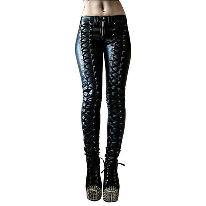 Solid Color Casual Women's Lace-up PU Leather Pants