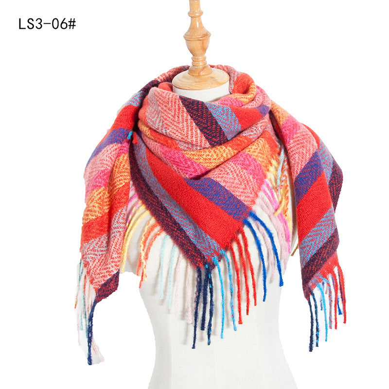 Yarn Stripe Grid Polyester Long Fringed Bristles Square Scarf Women Men's Bib Shawl