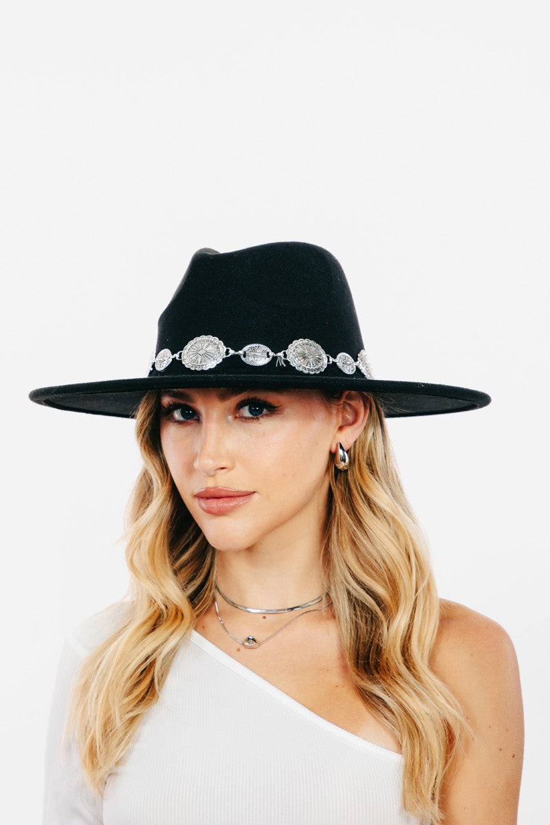 Fame Metal Trim Flat Brim Fedora Hat