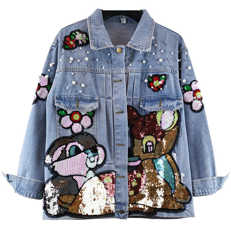 Cartoon Sequin Patch Denim Jacket