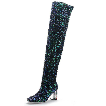 Fashion Sexy Sequin Round Head Hit Color Thick High Heel Over The Knee Large Size Elastic Boots Women