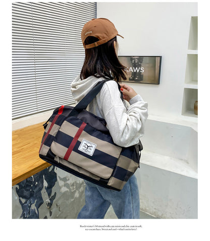 Foldable Plaid Travel Bag Fashion Shoulder Large Capacity Business Trip Short Distance Luggage Bag Gym Bag Portable Storage Bag