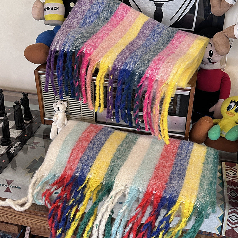 Colorful Striped Scarf For Women In Winter Versatile