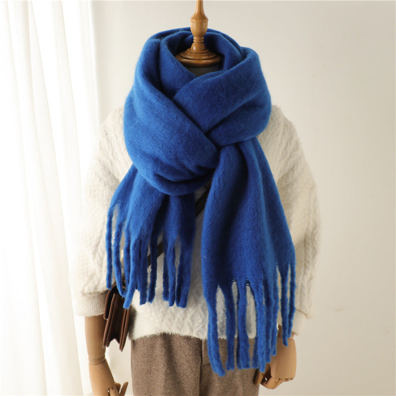 Solid Color Versatile Winter Warm Extended Tassel Scarf