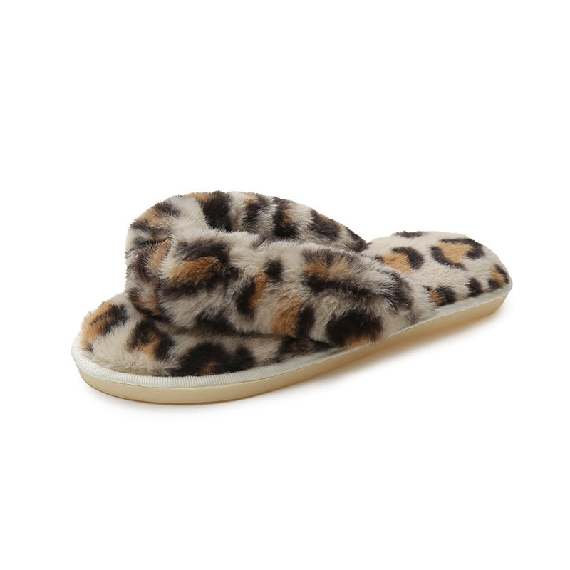 New Leopard Cross Fluffy Slippers Women's Home Indoor Fashion Plush Cotton Slippers Flip-flops Women