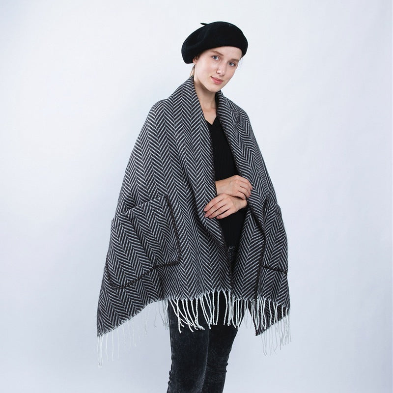 Herringbone Fringe Pocket Shawl Scarf Women